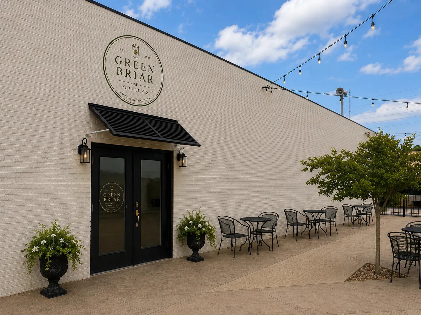 The Green Briar Coffee Co. storefront in Martin, Tennessee, with the logo painted on the brick wall